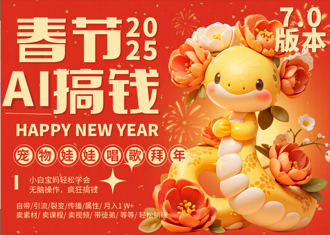 AI春节搞钱7.0升级版 蝴蝶号超火爆萌宠唱歌拜年  AI一键制作 批量出内容   春节做轻松躺赚 每日轻松十分钟  月赚米1W+  抓紧冲！可做视频 可卖素材只带小白和宝妈！创业吧-网创项目资源站-副业项目-创业项目-搞钱项目创业吧