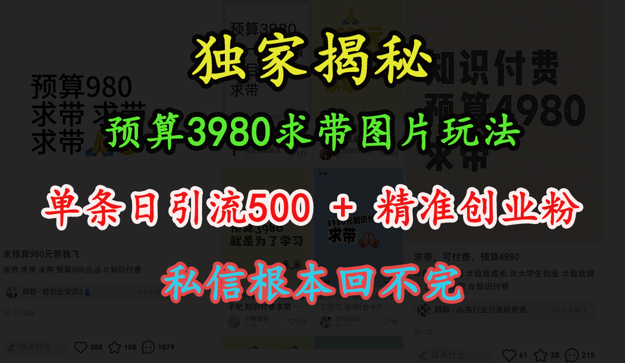 图片[1]创业吧-网创项目资源站-副业项目-创业项目-搞钱项目“小红书”预算3980求带 图片玩法，单条日引流500+精准创业粉，私信根本回不完创业吧-网创项目资源站-副业项目-创业项目-搞钱项目创业吧