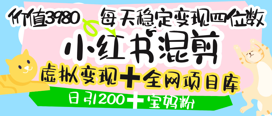 价值3980的小红书混剪， 虚拟变现 ＋全网项目库 ， 日引200+宝妈创业粉，每天稳定四位数变现创业吧-网创项目资源站-副业项目-创业项目-搞钱项目创业吧